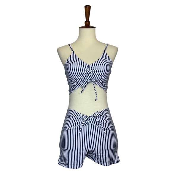 Sporty Blue and White Striped Drawstring Bikini with Boy Shorts - Picture 6 of 14